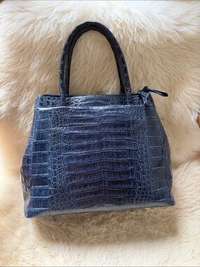 Authentic Nancy Gonzalez Crocodile Structured Navy Croc-Embossed Top-Handle Bag